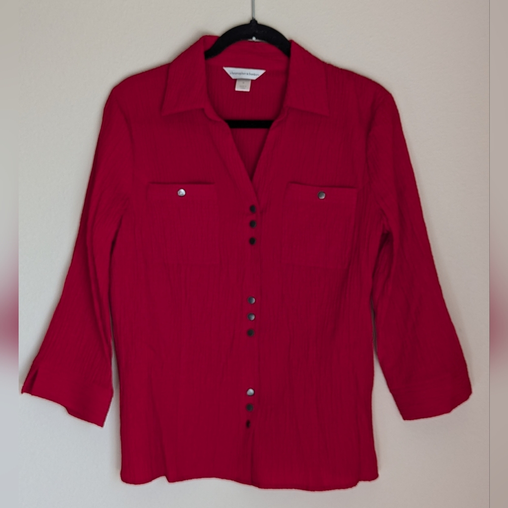 NWOT Christopher and Banks Red Crinkle 3/4 Sleeve Blouse Size M